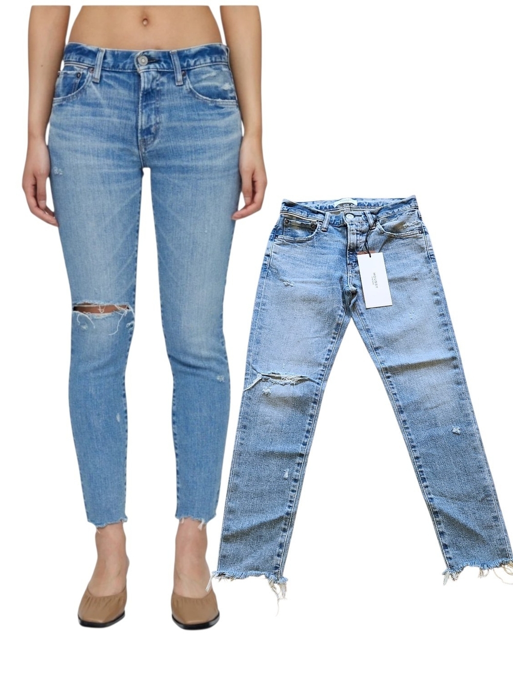 NWT Moussy Vintage Depew Skinny Light Blue Japanese Denim Distressed Ripped 24